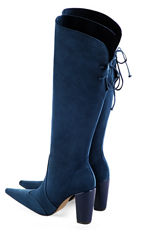 Navy blue women's knee-high boots, with laces at the back. Pointed toe. High block heels. Made to measure. Rear view - Florence KOOIJMAN